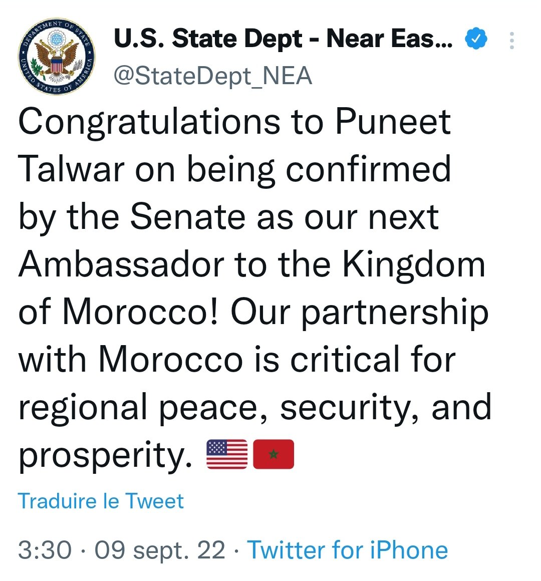 Le Sénat valide Puneet Talwa comme ambassadeur des Etats-Unis au Maroc