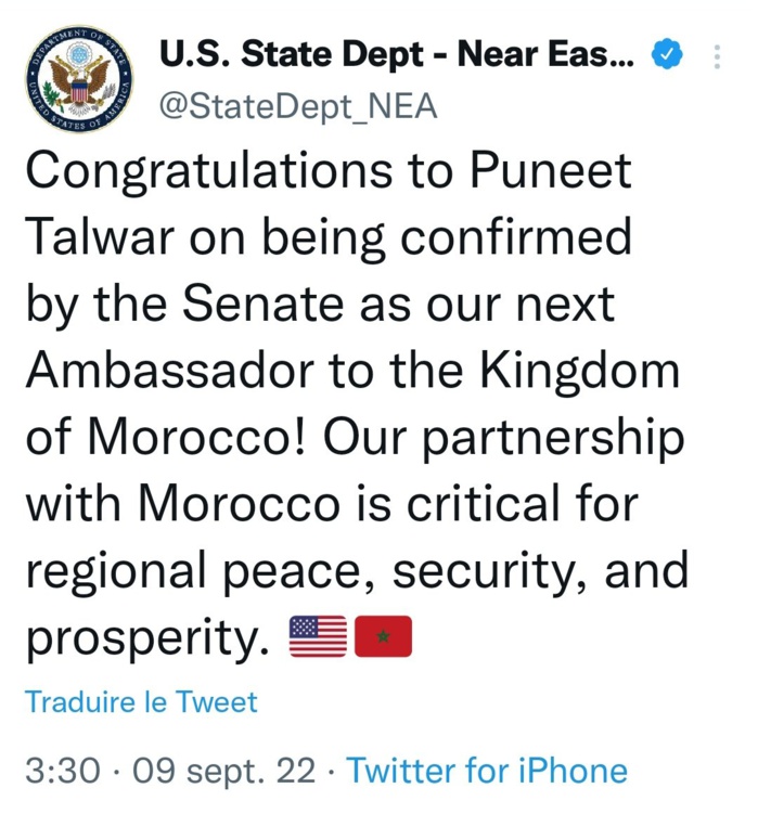 Le Sénat valide Puneet Talwa comme ambassadeur des Etats-Unis au Maroc