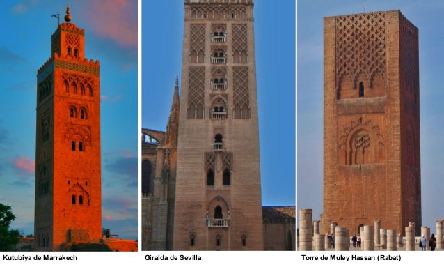 Le minaret de la mosquée Koutoubia à Marrakech, l’emblématique Tour Hassan à Rabat et la mosquée de Séville. / Ph. DR